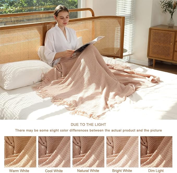 Blagic Knitted Throw Blanket for Couch,Soft Farmhouse Throw Blanket with Tassels,Home Decorative Lightweight Throw Blankets,Throws for Bed/Chair/Sofa,Wheat Textured (Light Pink & White,50" W x 60" L)
