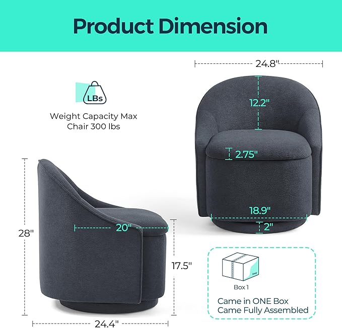 LINSY Swivel Accent Chair with Storage Comfy Chenille Barrel Chairs, Small 360 Swivel Modern Armchair for Living Room Bedroom, Boucle Reading Chair for Study Room (Grey)