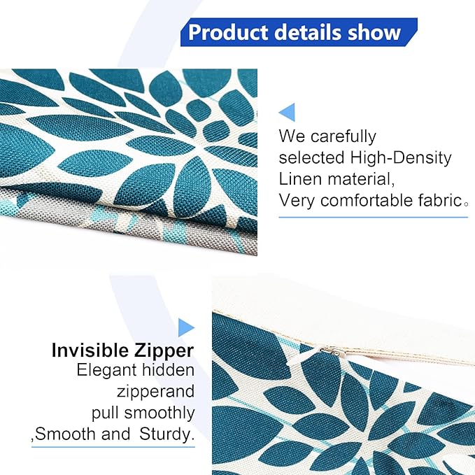 Teal Blue Decorative Throw Pillow Covers 16x16 Inch Pillow Covers for Couch Living Room Bedroom Outdoor.Modern Sofa Throw Pillow Cover.Farmhouse Geometric Floral Linen Square Pillow Case.Set of 2