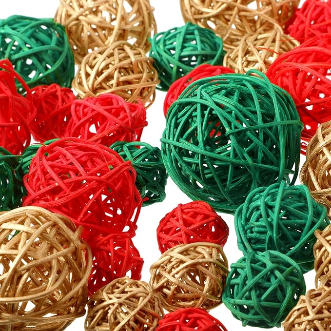 Patelai 36 Pcs Wicker Rattan Balls Decorative Balls for Vase Centerpiece Bowls Orbs Filler for Home Decor,4 Sizes(Red, Green, Gold)