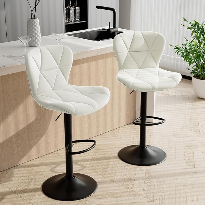 Bar Stools Set of 6,Adjustable Swivel Barstools, Faux Leather Bar Chairs,Upholstered Counter Height with High Backrest for Kitchen Island,White