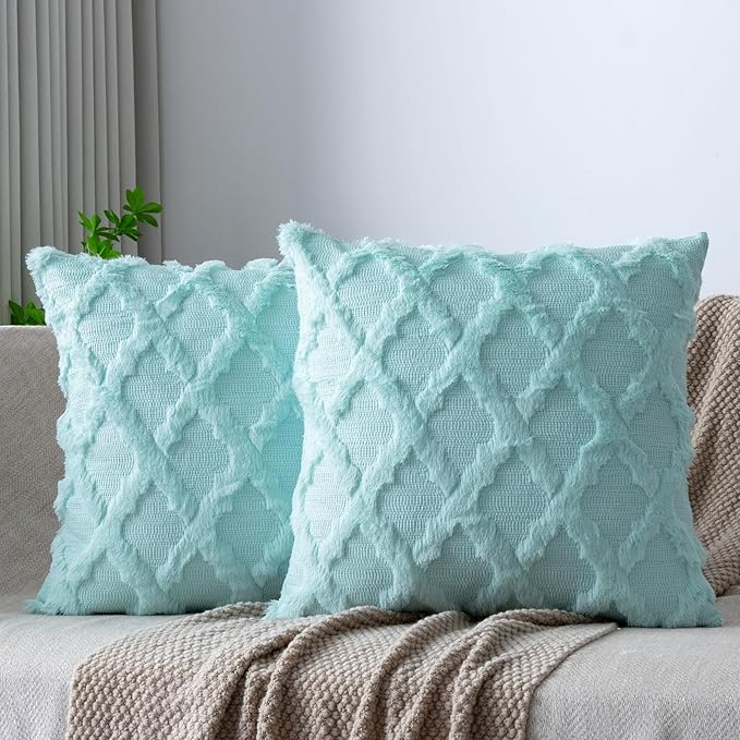 Set of 2 Soft Moroccan Throw Pillow Covers 16x16 Inch Plush Boho Decorative Pillow Cover Accent Cushion Case for Couch Sofa Bed, Light Aqua