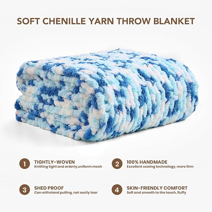L'AGRATY Chunky Knit Blanket Throw: 50''x60'' Chenille Chunky Knitted Throw Blankets for Bed Couch - Handmade Thick Cable Knit Blanket - Large Crochet Rope Blankets for Home Decor