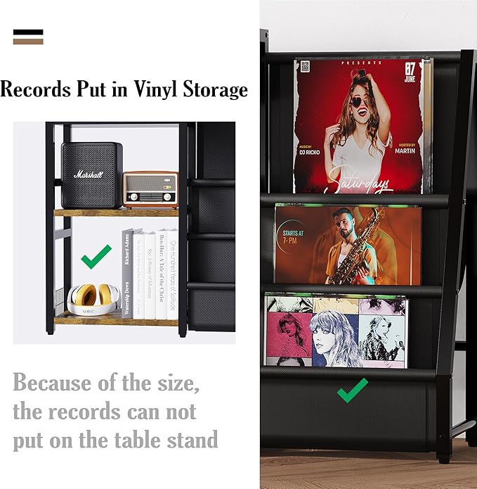 End Table with Vinyl Record Storage,Record Player Stand,3 Tier Turntable Stand with Records Holder,Stand Table for Media Stereo Speaker,Amplifiers,Magazines-Vintage