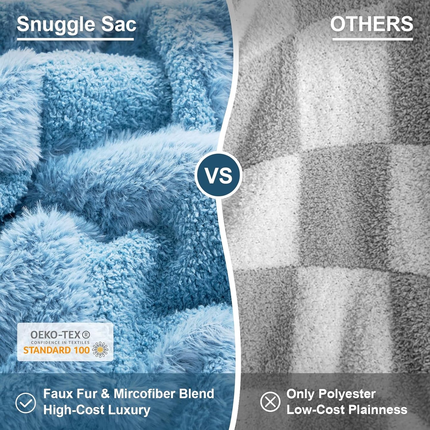 Snuggle Sac Faux Fur Checkered Blanket Twin Size with Soft Knitted Microfiber Fabric,Cozy Soft Warm Blanket for Sofa Bedroom Living Room,Solid Blue,60x80 inches