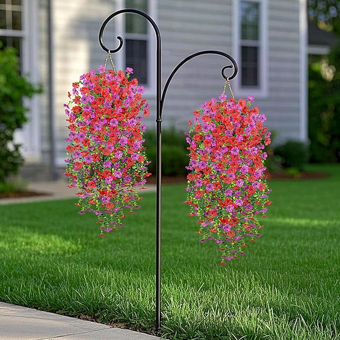 Artificial Fake Hanging Plants Flowers for Spring Outdoor Outside Decor, Faux Mums Silk Realistic Flower, 2 Pcs UV Resistant Look Real Plastic Decorations for Porch Home Patio Balcony Yard