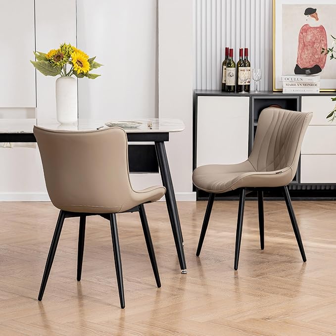 Kidol & Shellder Khaki Dining Chairs Set of 2,Faux Leather Upholstered Mid Century Modern Kitchen&Dining Room Chair with Back,Ergonomic Armless Vanity&Living Room Chair with Metal Legs