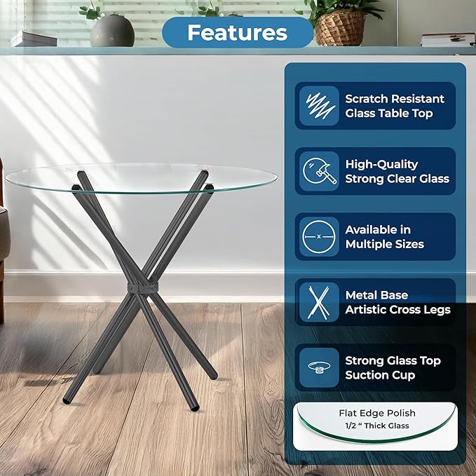 Fab Glass and Mirror Elegant Small Round Glass Top Dining Table with Stylish Base Fab Table for Kitchen or Dining Room Metal 30" Black with 1/2" Thickness