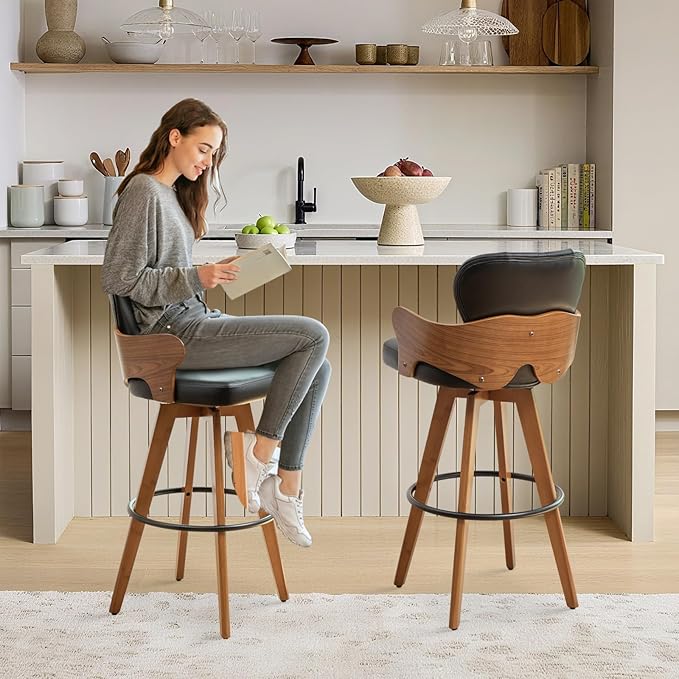 26.7” Swivel Bar Stools Set of 3,Black Faux Leather Counter Height Stools with Armrest and Fishtail-Shaped Back,Mid Century Modern Barstools,Walnut Bar Chair for Kitchen Island or Home Bar