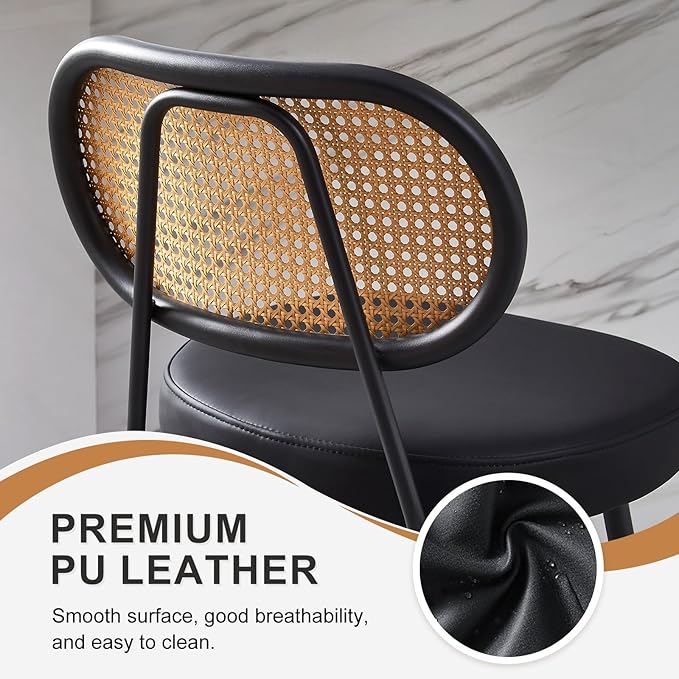 26" Rattan Barstools Set of 2, Counter Height Bar Chair with Black Metal Legs, Modern Armless PU Leather Pub Chair,Adjustable Feetpads Stools for Home Counter,Kitchen Dining Island,Cafe(Black)