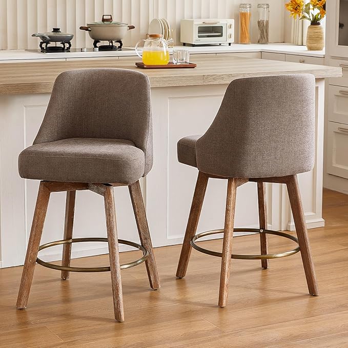 IWOOD Mid Century Modern Counter Height Bar Stools Set of 4,360° Swivel Barstools with Solid Wood Legs，26'' Island Chairs with Wrap-Around Backrest,Grey Linen Comfort Fabric