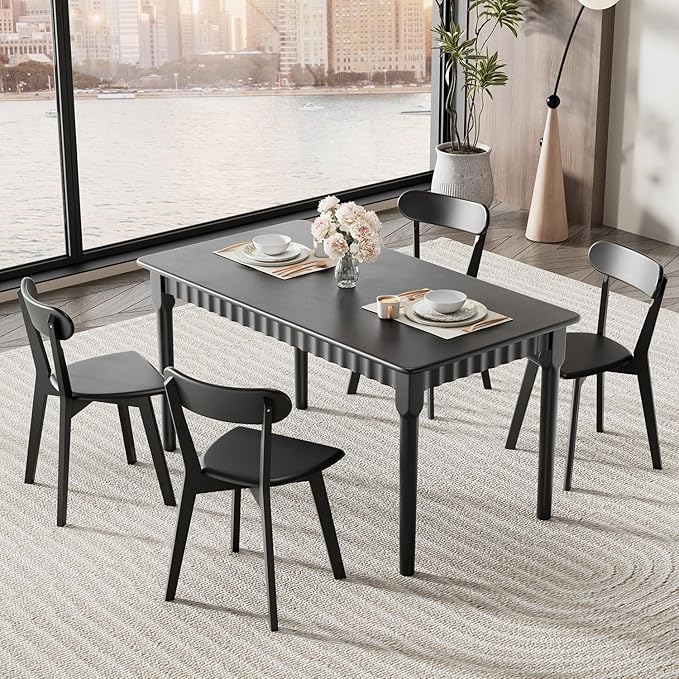 59 Inch Solid Wood Dining Table for 4-6, Farmhouse Kitchen Table with Large Tabletop, Mid Century Modern Table for Dining Room, Living Room, Kitchen, Easy Assembly, Black