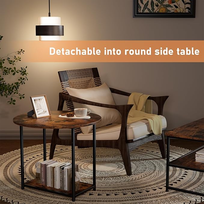WOHOMO Coffee Table, Mid Century Modern Coffee Table for Living Room Rustic Farmhouse Center Table 2 in 1Detachable Table Set, Rustic Brown