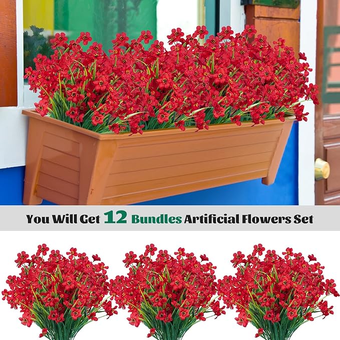 Lnoicy 12 Pcs Artificial Flowers for Outdoor,Plastic Flowers Decoration, UV Resistant Faux Flowers Shrubs, Artificial Plants for Indoor Outside Garden Home Wedding Farmhouse（Red）