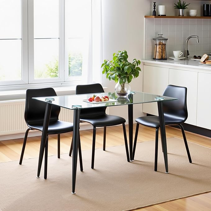 Dining Table for 6 Kitchen Table 47.2" Rectangular Modern Glass Dining Table Kitchen & Dining Room Tables with Glass Tabletop and Metal Legs for Dining Room and Kitchen, Black