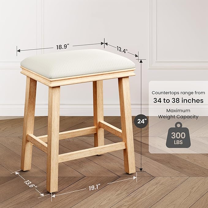 PHI VILLA Bar Stools - Solid Wood Legs Counter Height Barstools with Upholstered Saddle Seat, 24 inch Kitchen Counter Island Stools