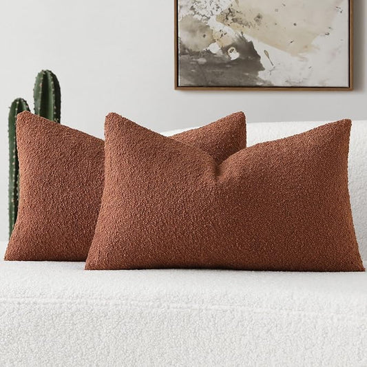 FUTEI Pack of 2 Rust Decorative Throw Pillow Covers 12x20 Inch Soft Cozy Solid Boucle Textured Lumbar Pillow Cases,Modern Home Decor for Couch Bed Living Room