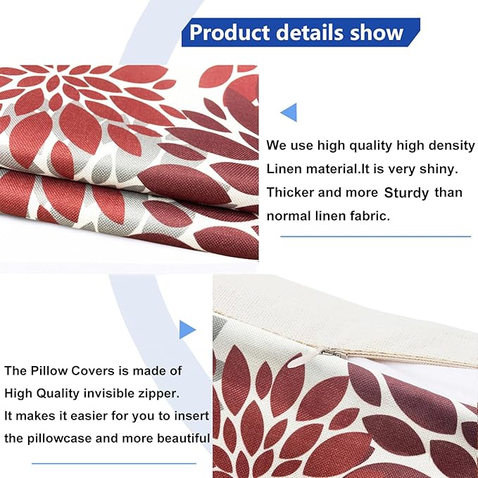 Decorative Throw Pillow Covers Set of 2 Wine Red Pillow Covers 22x22 Inch Couch Pillow Covers for Sofa Living Room Outdoor Throw Pillow Cover Linen Floral Flower Farmhouse Pillowcase