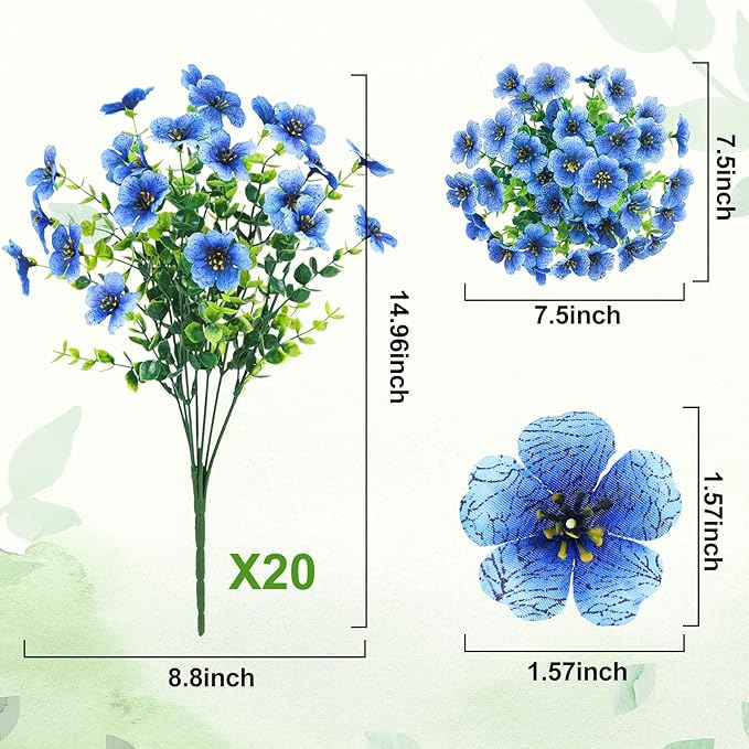 20 Bundles Artificial Flowers for Outdoors Decoration Fake Silk Flowers UV Resistant Faux Plants Artificial Daisy Eucalyptus for Spring Summer Garden Yard Porch Window Home Decor, Blue
