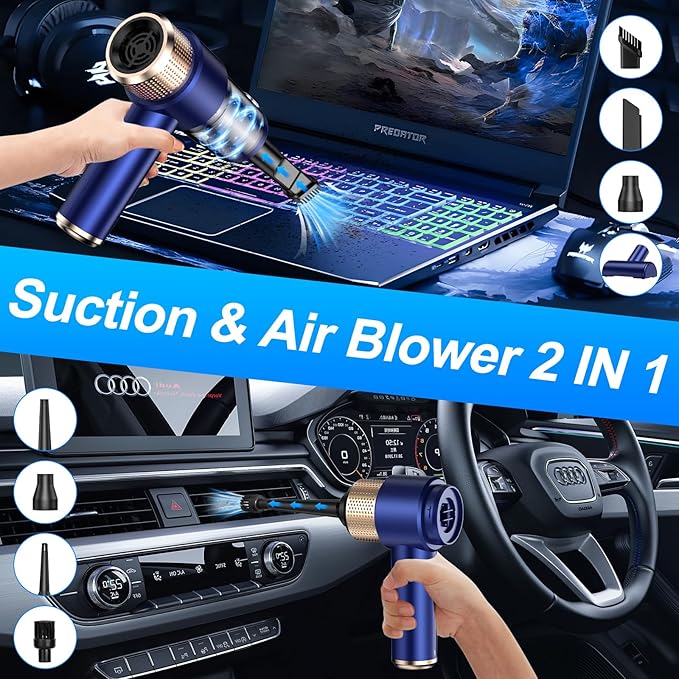 Mini Vacuum Cleaner, 15000PA Car Vacuum Cleaner Portable Cordless with LED Light, 4 in 1 Air Duster and Handheld Small Vacuum Rechargeable for Car, Home, Office, Pet（Blue）