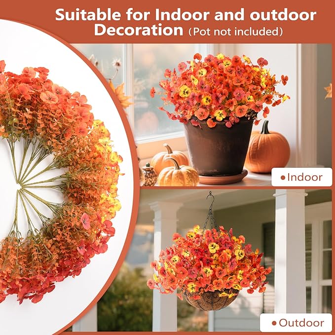 Artificial Fall Flowers for Outdoor, 12 Bundles Faux Pansy Fake Mums Flowers Plants Outdoor Fall Decor, UV Resistant No Fade Silk Flower for Porch Planter Patio Yard Garden(Orange Autumn Sunset Red)