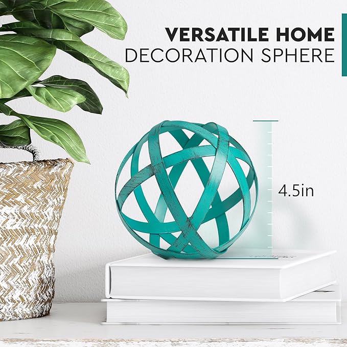 Everydecor Metal Decorative Sphere for Home Decor - Decorative Balls for Shelves, Centerpiece Bowls, Bookshelf - Decoration Orbs Accents for Living Room, Bedroom - Distressed Teal Shelf Spheres