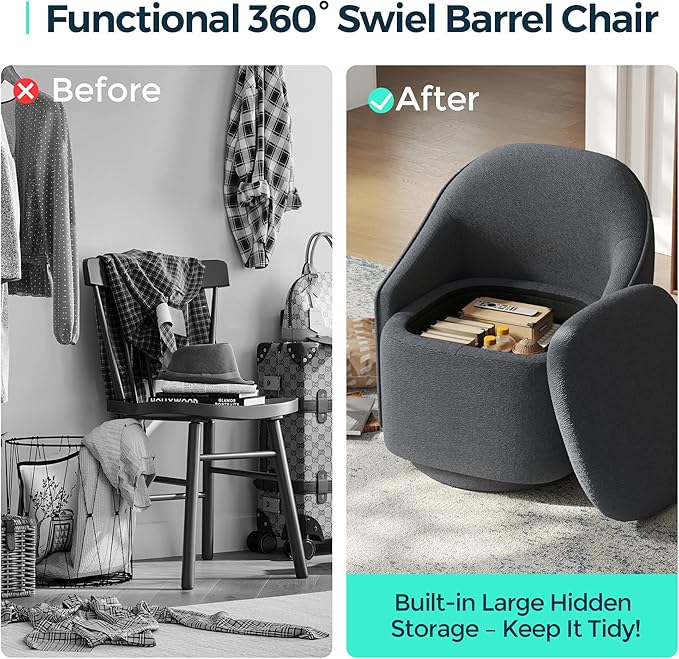 LINSY Swivel Accent Chair with Storage Comfy Chenille Barrel Chairs, Small 360 Swivel Modern Armchair for Living Room Bedroom, Boucle Reading Chair for Study Room (Grey)
