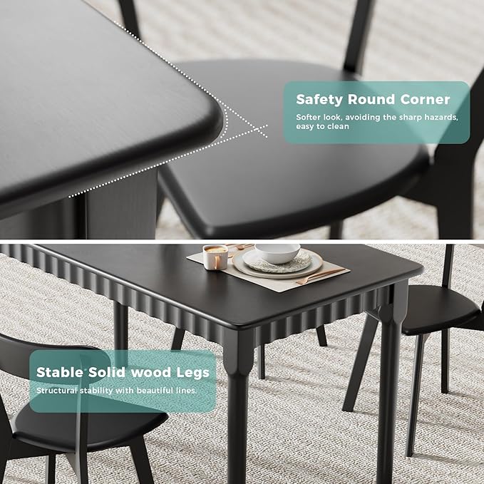 47.2 Inch Solid Wood Dining Table for 4, Mid Century Modern Oak Kitchen Table, Farmhouse Rectangular Dining Room Table for Indoor or Outdoor Use, Easy Assembly, Black