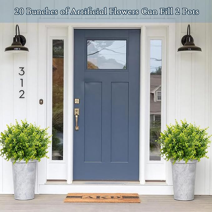 Outdoor Artificial Flowers UV Resistant, 20 Bundles Fake Realistic Floral Greenery Plants for Outside Porch, Window Boxes, Garden, Yard, Inside Home Table Decor, Green