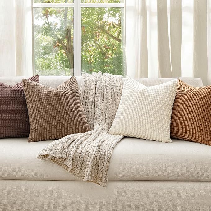 MIULEE Modern Farmhouse Decorative Lumbar Pillow Covers 20x20 Inch Set of 4 Natural Rustic Throw Pillows Neutral Warm Soft Corduroy Couch Pillowcases Home Decor for Sofa Living Room Bed Brown