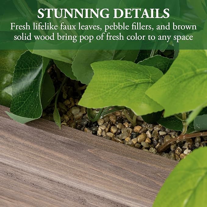 MyGift Vibrant Lifelike Artificial Plant Grape Leafy Vine Greenery in Rustic Brown Solid Wood Rectangular Planter Box
