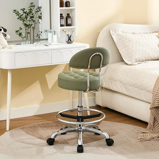 Rolling Stools with Wheels (Faux Leather Makeup Stool) (Quiet Wheels and Aluminum Base) Adjustable Barber Chair 20-27 inch (Green)