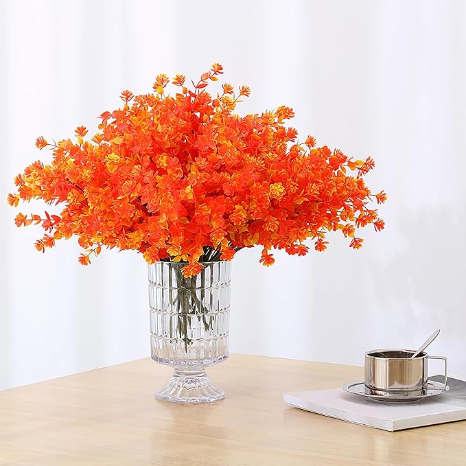 SITUMEIZI Artificial Mums for Outdoor Fall Flowers,Faux Flower Eucalyptus Leaves Fake Plants Greenery Outside Plastic Proch Patio Front Fall Halloween Thanksgiving Decorations(8Pcs,Orange)