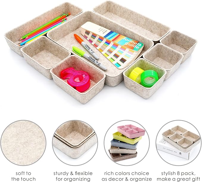 Welaxy 8-piece Nordic Beige desk drawer organizer tray office suppliers pens decluttering aesthetic wabi-sabi Scandinavian-chic storage bin hygge sleek minimalist gift solutions (Oatmeal)
