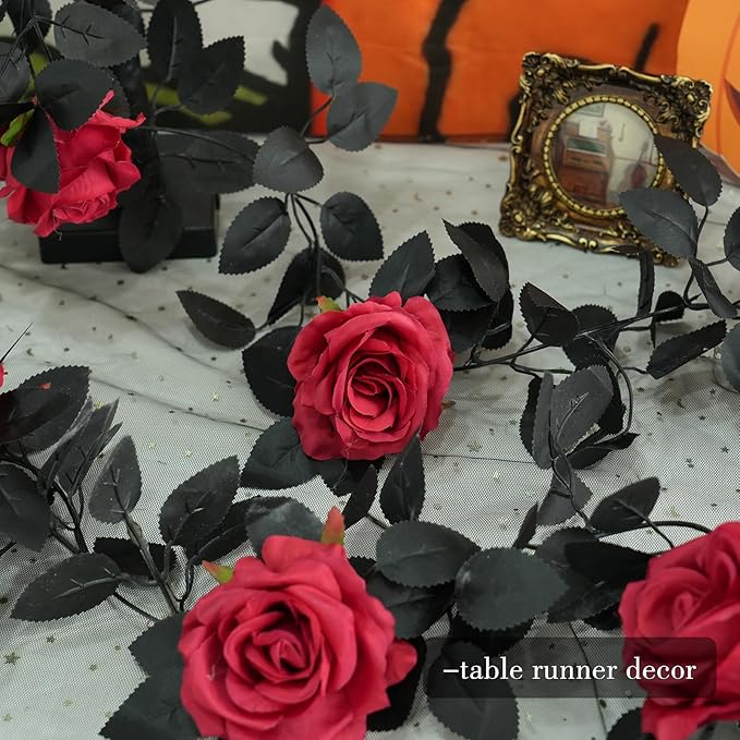 Felice Arts 2 Pack Artificial Burgundy Flower Head Garland Each 6.7FT Fake Rose Vine Hanging Rose Garland for Thanksgiving Day Door Stairs Table Centerpiece Arrangement Wall Decor