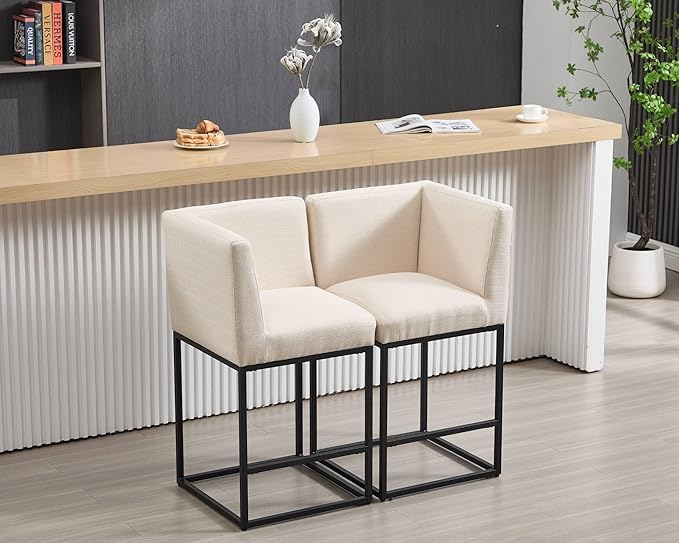 VESCASA 27" Counter Height Bar Stools with Padded Back, Modern Upholstered Counter Stool Chairs with Black Metal Frame for Kitchen Island, Linen Cream, 1 Left Side Seat and 1 Right Side Seat