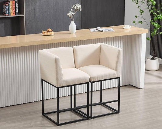 VESCASA 27" Counter Height Bar Stools with Padded Back, Modern Upholstered Counter Stool Chairs with Black Metal Frame for Kitchen Island, Linen Cream, 1 Left Side Seat and 1 Right Side Seat