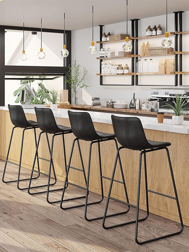 Bar Stools Set of 6, 30 Inches Counter Height Bar Stools with Back, Modern Faux Leather Barstools with Metal Legs and Footrest, Bar Chairs for Kitchens Island (Black)