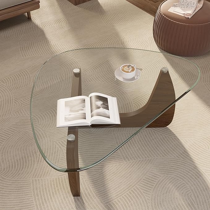 Modern Glass Coffee Table, Triangle Center Table with Tempered Glass Top& Unique Wooden Base, 31.5” Mid Century Tea Tables for Living Room, Apartment, Office,Walnut &Transparen