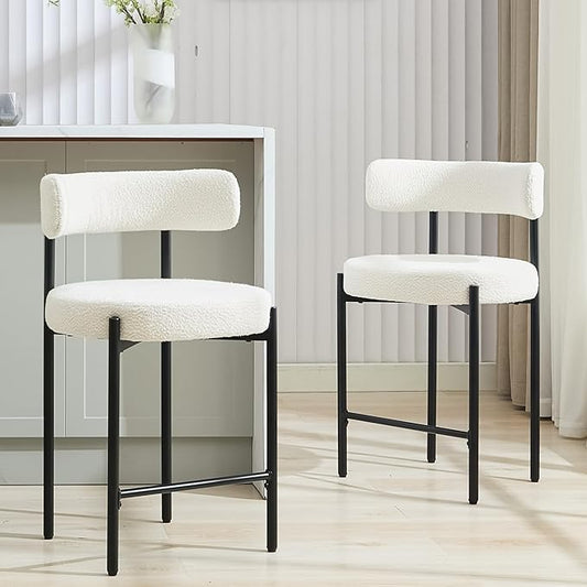 24'' Boucle Bar Stools Set of 2, White Bar Stools with Backs, Counter Height Bar Height Stools for Kitchen Island, Upholstered Bar Chairs (White)