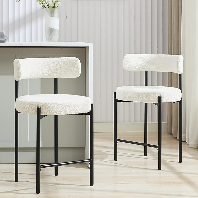 24'' Boucle Bar Stools Set of 4, White Bar Stools with Backs, Counter Height Bar Height Stools for Kitchen Island, Upholstered Bar Chairs