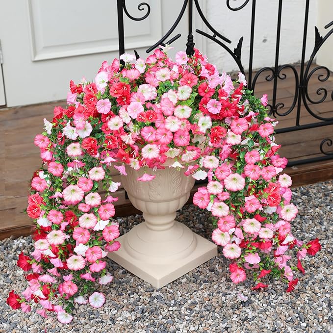 8 Pcs Artificial Hanging Flowers for Outdoor, Fake Silk Petunias Plants Arrangement, for Spring Summer Outdoor Decoration, UV Resistant, Morning Glorias, for Home Garden Decor (Dark Pink&White)