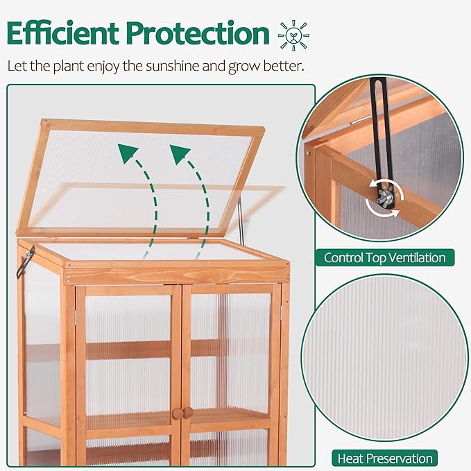 MCombo Wooden Cold Frame Greenhouse, Raised Flower Planter Shelf Protection for Outdoor Indoor Use, 0760 (Orange)