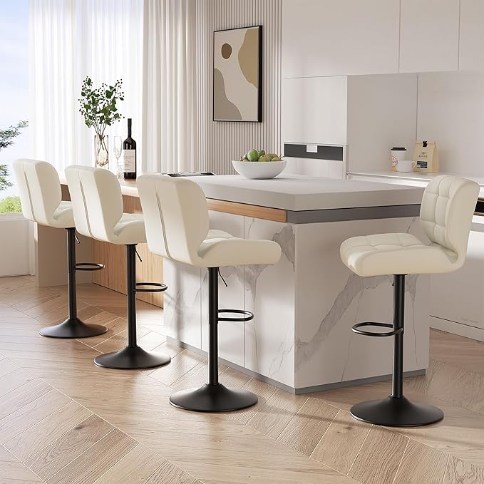 Modern Bar Stools Set of 4, Faux Leather Upholstered Swivel Bar Stools, Adjustable Counter Height Bar Chairs with High Back and Footrest for Kitchen Island (Beige)