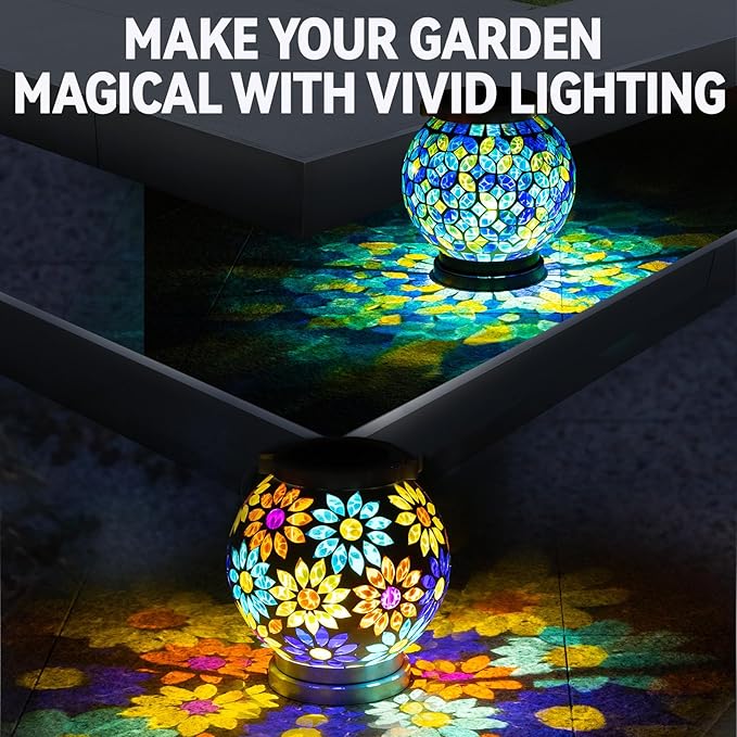 VOREEN 2 Pack Mosaic Solar Lanterns, Handmade Outdoor Glass Hanging Lights, Solar Table Lamps, Waterproof Night Lights, Gift for Mom Wife Friend, Decor for Garden, Patio, Yard, Party, Balcony, Round