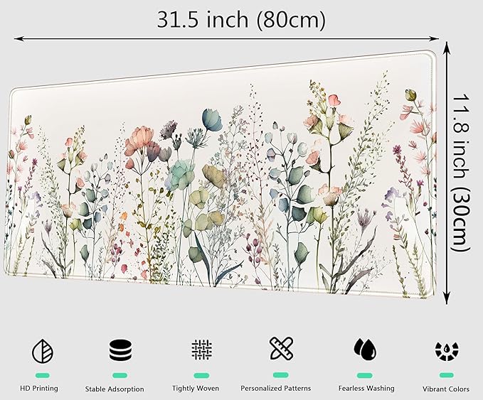 Cute Wild Flower Desk Mat, Boho Aesthetic XL Large Extended Gaming Mouse Pad Desk Pad with Stitched Edges 31.5x11.8 in, Computer Laptop Mousepad Keyboard and Mouse Mat for Women Office Desk Decor