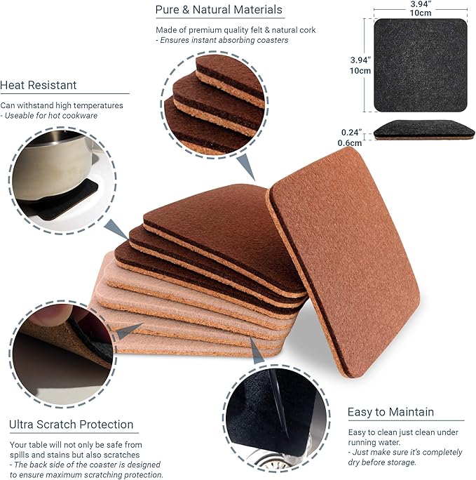 Barvivo Coasters for Drinks Absorbent- 8 Pcs Square Coasters for Coffee Table - Double Sided Felt & Cork Drink Coasters for Tabletop Protection - Suitable for Drinks, Coffee & All Table Types - Brown