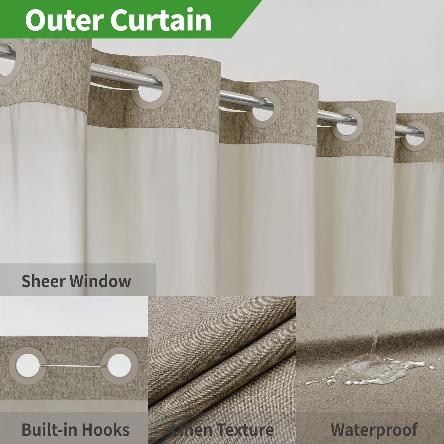 Long No Hooks Needed Linen Textured Shower Curtain with Snap-in Fabric Liner Set,Hotel Luxury Decor Shower Curtains for Bathroom,Waterproof & Washable,71Wx80H,Khaki/Tan