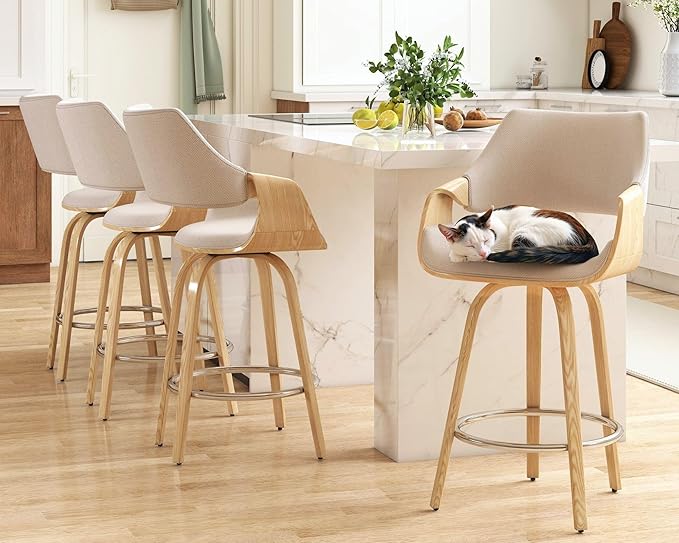 26’’ Modern Barrel Swivel Counter Stools Counter Height Swivel Bar Stools with Backs Set of 6, Beige Chenille Upholstered Bar Height Island Chairs, Farmhouse Solid Wood Barstools for Kitchen Island