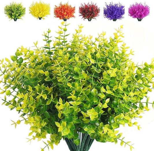 RECUTMS Artificial Boxwood Plants Outdoor Fake Spring Plants Uv Resistant Artificial Shrubs for Outdoors Greenery Stems Outdoor Flowers That Look Real Artificial Eucalyptus (Yellow Eucalyptus)